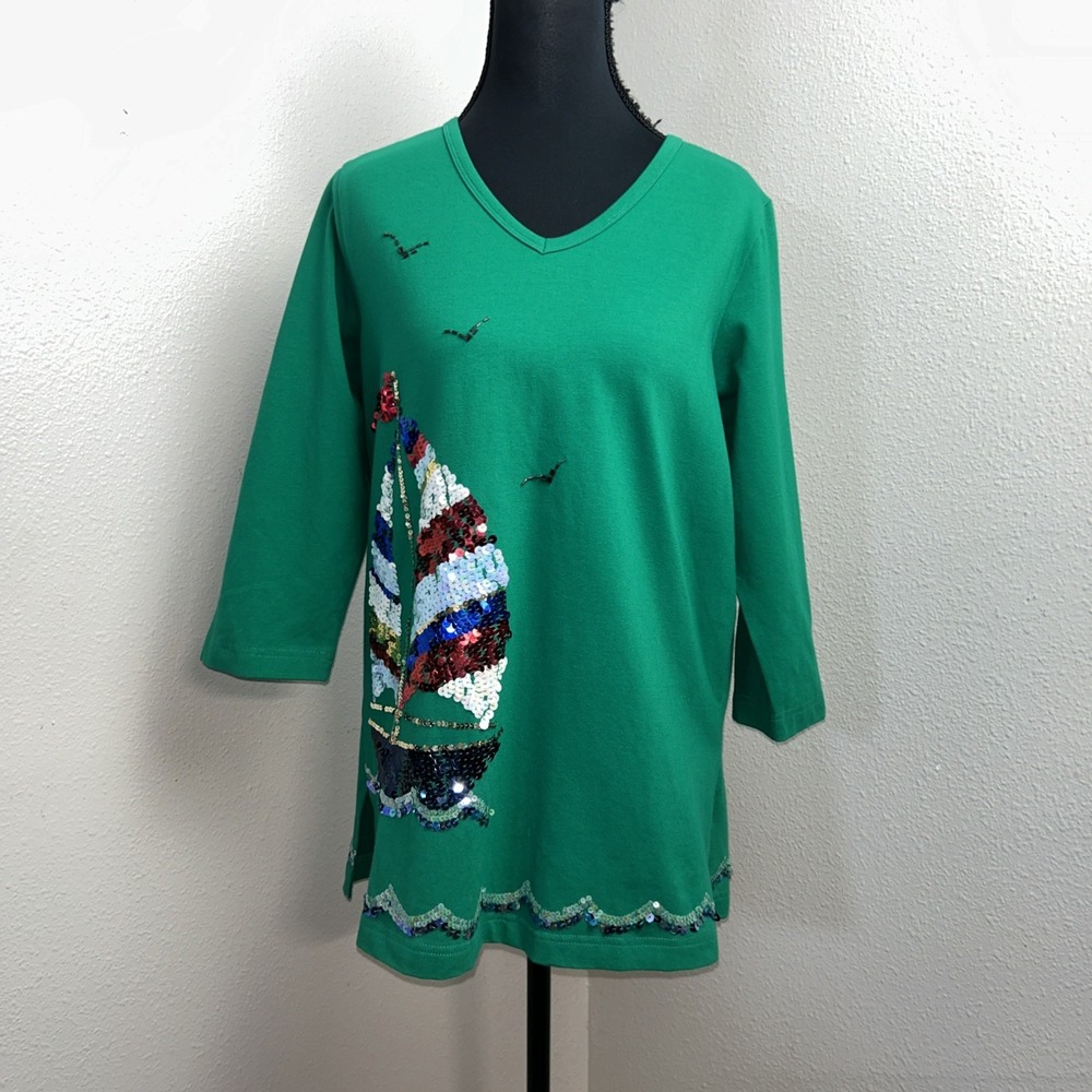Quacker Factory Pullover‎ Top Women's Small 3/4 Sleeve Sailboat Ocean Sequin